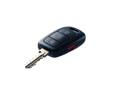 A close-up rendering of a modern black key fob with several buttons and a metal key extending