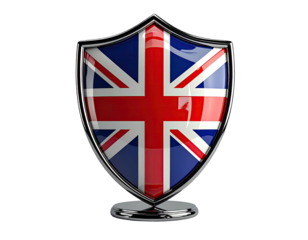 A shiny, metallic shield with a Union Jack flag design, placed on a dark background