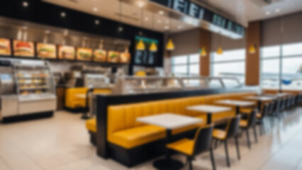 Blurred background of a burger shop in a modern airport, there are tables and chairs neatly lined up for visitors to sit.