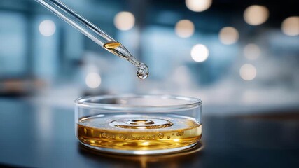 Transparent droplet from pipette falling into petri dish under laboratory light, emotion of concentration and discovery visible, representing molecular testing, pharmaceutical formulation, and - Powered by Adobe