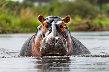 A majestic hippopotamus finds solace in the cool river waters, peacefully resting its body while only its eyes, ears, and nose peek above the surface, showcasing the beauty of African wildlife in its 