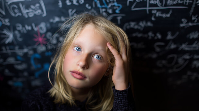 Portrait of thoughtful blond child in front of chalkboard covered with equations.
