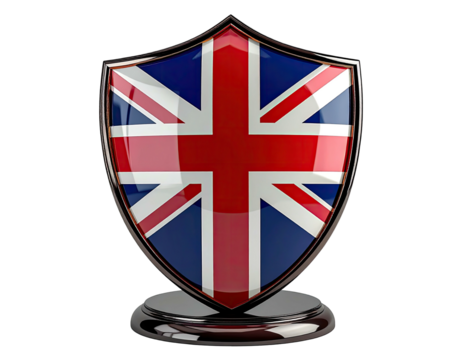 A glossy shield featuring the Union Jack flag, standing on a dark, reflective base