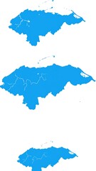 Fototapeta premium Three stacked, stylized maps of a Central American country, blue on white