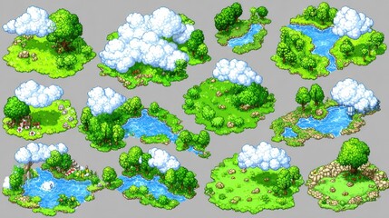 Pixel art collection of diverse, stylized island landscapes.  Various  island biomes,  including lush 