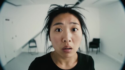 A confused and disheveled woman stares into a fisheye lens, looking around a sterile white room in a state of shock