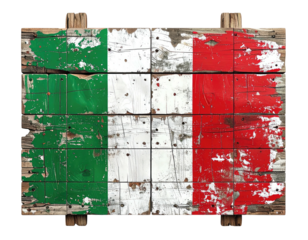 Weathered wooden sign, painted with green, white and red stripes resembling a national flag