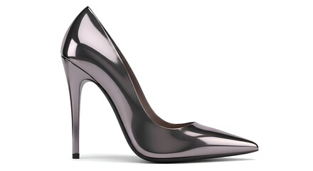 A single high-heeled shoe with metallic finish, isolated on clean surface