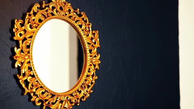 A gilded, ornate, oval mirror with detailed embellishments hangs on a textured, dark blue wall