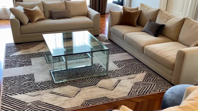 A modern living room with two couches, a glass table, patterned rug, and parquet flooring