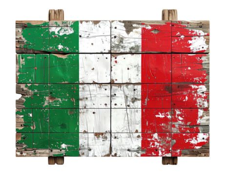 Weathered wooden sign, painted with green, white and red stripes resembling a national flag