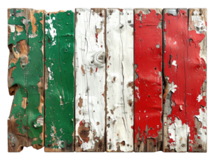 A rustic wooden board with peeling paint displaying a vertical tricolor green, white, and red