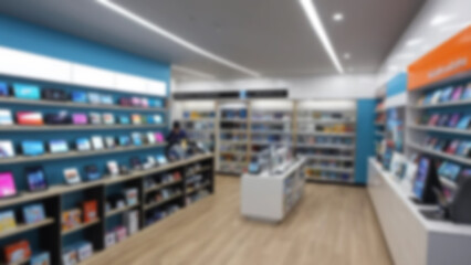 Blurred background of a modern cell phone shop with cell phones for sale neatly arranged on the shop shelves.
