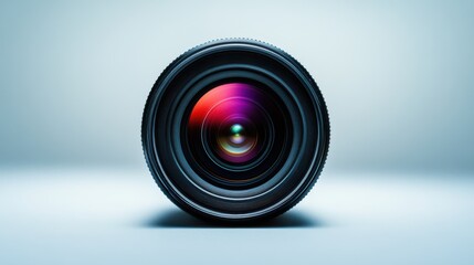 Close-up of a camera lens showcasing vibrant colors and intricate details in a minimalist setting