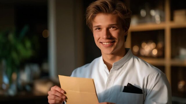 Butler expressing quiet gratitude while receiving personal thank-you note from employer, emotion genuine and tender, symbolizing unseen emotional depth and loyalty in private service relationships.