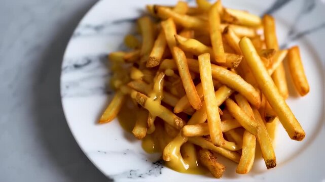 Golden, crispy french fries topped with melted cheese sauce, arranged on a marble patterned plate