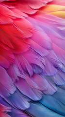 Obraz premium Close-up of colorful feathers in red, purple, and blue shades, symbolizing softness, lightness, creativity, and artistic texture. 