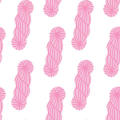 Decorative seamless pattern with pink yarn skeins. Perfect background for textile design, handmade projects and cozy knitting crafts.