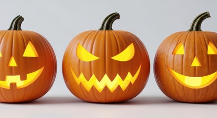 Fototapeta premium Festive Halloween pumpkins with glowing faces arranged in a row for seasonal celebration