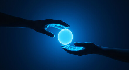 Two hands gently cupping a glowing blue light - Concept of World Diabetes Day  