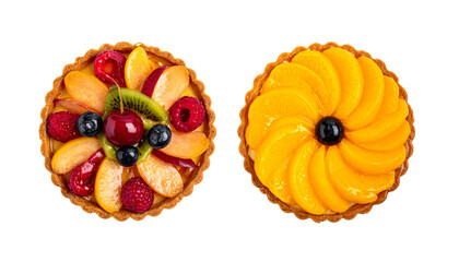 Pair of Artisan Fruit Tarts Featuring Mixed Berry and Tropical Styles – isolated on transparent background