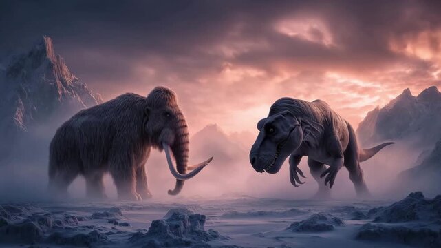 A mammoth and a T Rex dinosaur stand facing each other in a rocky, snowy terrain during a vibrant sunset
