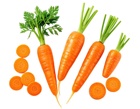 Overhead view of four whole carrots with green tops, carrot slices on black background