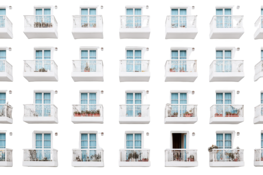 Multiple white building windows with balconies
