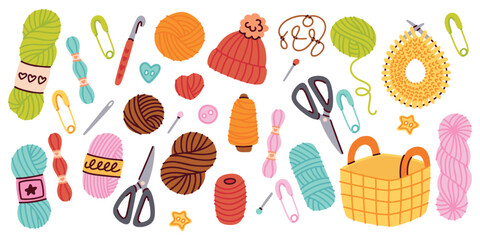 Knitting yarn, sewing scissors, buttons and crochet hooks arranged together in bright illustration for crafts.