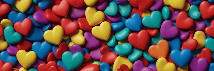 Fototapeta premium A vibrant, overhead shot of numerous colorful heart-shaped candies in pink, blue, yellow, red, and purple, creating a cheerful and sweet background
