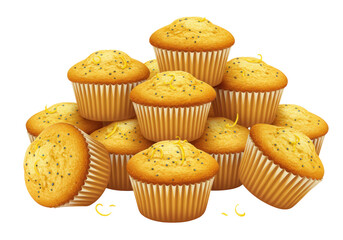 Isolated lemon poppy seed muffins, dessert baked goods piled on a table, ready to eat