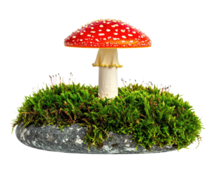A vibrant, spotted red mushroom perched on a bed of green moss atop a gray stone