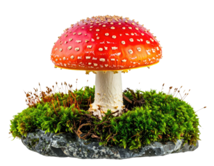 Vibrant red and white spotted mushroom on a bed of lush green moss and a dark stone