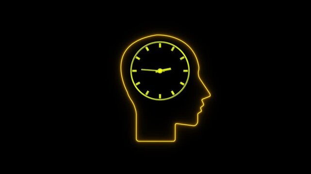 Neon human head silhouette with clock inside brine. Time management, pressure, deadlines and thinking concept on Black background.