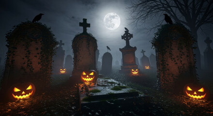 Spooky Halloween Night in an Old Cemetery with Glowing Jack-o'-Lanterns Tombstones Ravens and a Full Moon