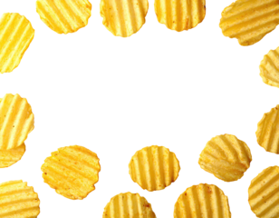 A selection of crinkled potato chips encircling a black space, offering visual contrast