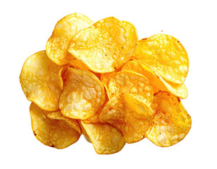A pile of golden potato chips, showing various sizes and textures, set against a black backdrop