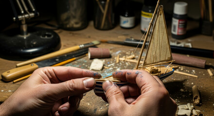 Close-up of a model maker's hands assembling a small wooden sailboat model kit on a cluttered workbench with tools and paint