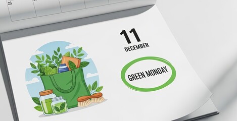 Green monday calendar page with shopping bag illustration
