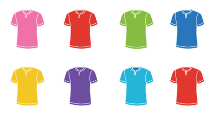 Collection of colorful short sleeved t shirts displayed in a grid pattern
