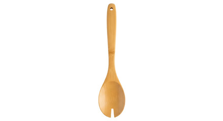 Isolated wooden salad serving spoon with slot for dressing, natural wood grain finish
