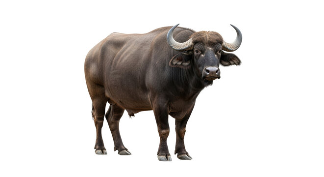 Isolated African buffalo with curled horns, standing, facing the viewer, herbivore