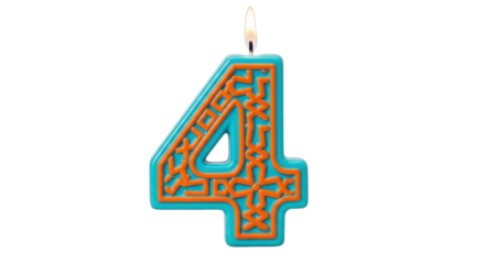 Isolated candle number four birthday decoration. 4 celebration party dessert sweet treat.