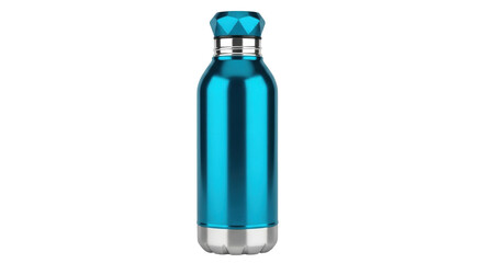 Isolated blue metal water bottle with a faceted cap and silver accents for hydration on the go