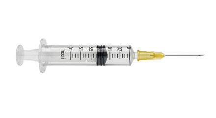 Isolated hypodermic syringe with needle, filled to the 3.7 ml mark, prepared for injection