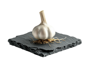 A whole garlic bulb with dried roots sits atop a dark, textured slate board on a black background