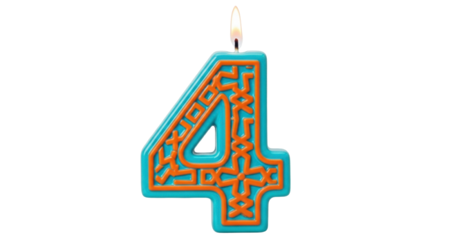 Isolated candle number four birthday decoration. 4 celebration party dessert sweet treat.
