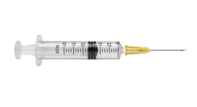 Isolated hypodermic syringe with needle, filled to the 3.7 ml mark, prepared for injection