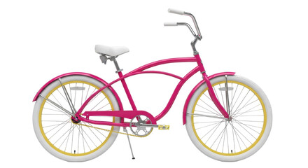 Fototapeta premium Isolated pink and yellow bicycle on display in a bright setting for promotional material