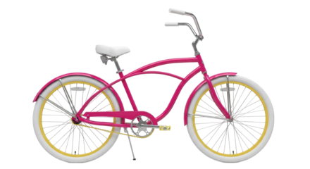 Isolated pink and yellow bicycle on display in a bright setting for promotional material